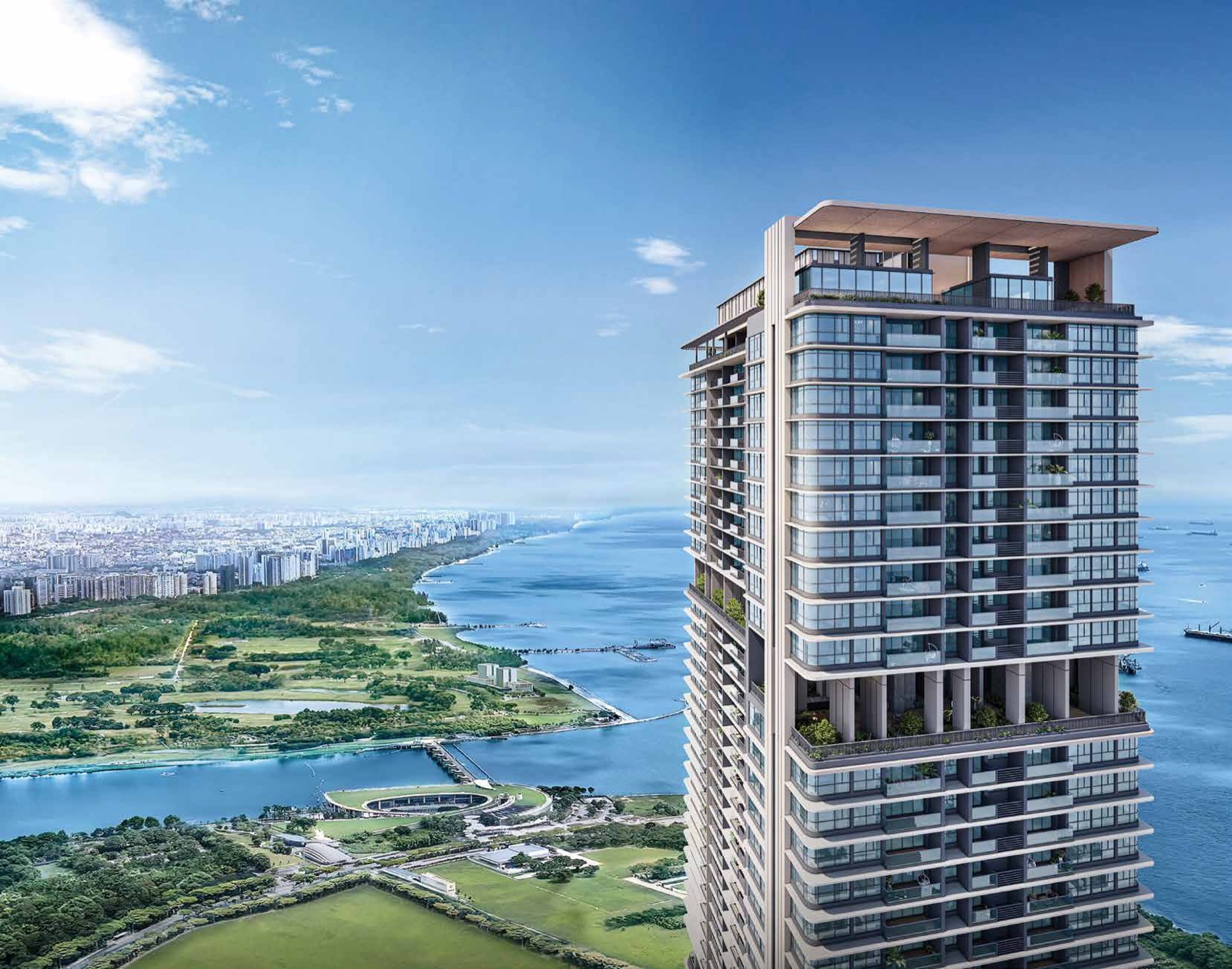 One Marina Gardens tower seen above Marina Barrage and the East Coast — artist's impression