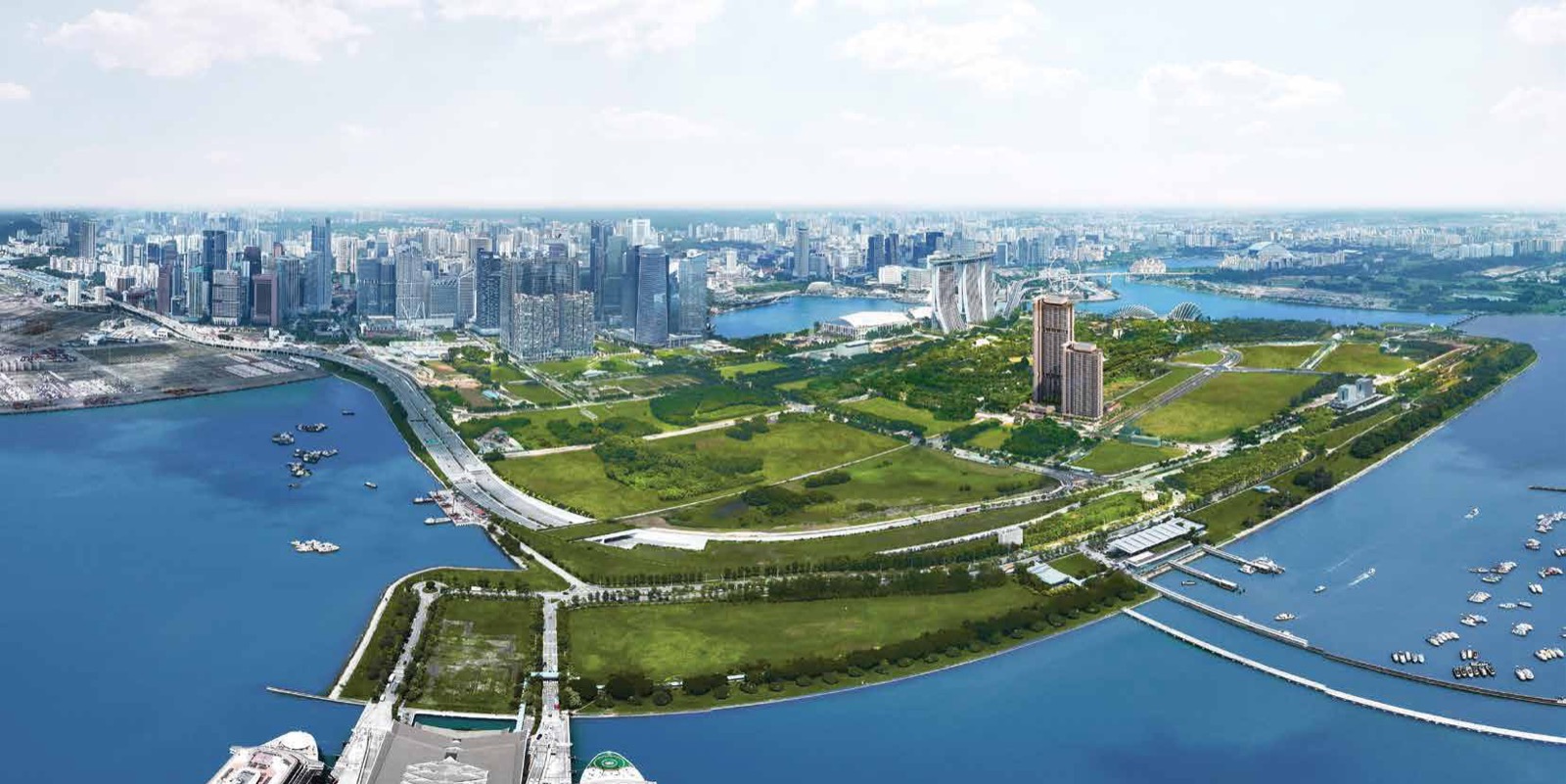 Artist's impression of One Marina Gardens in the Marina South coastal panorama — for illustration purposes only